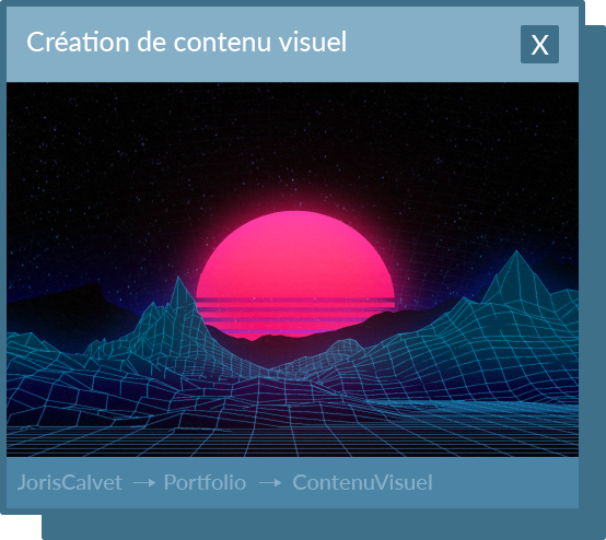 Un visuel de type rétro, année 80 avec du néon et des montagnes générée par ordinateur.