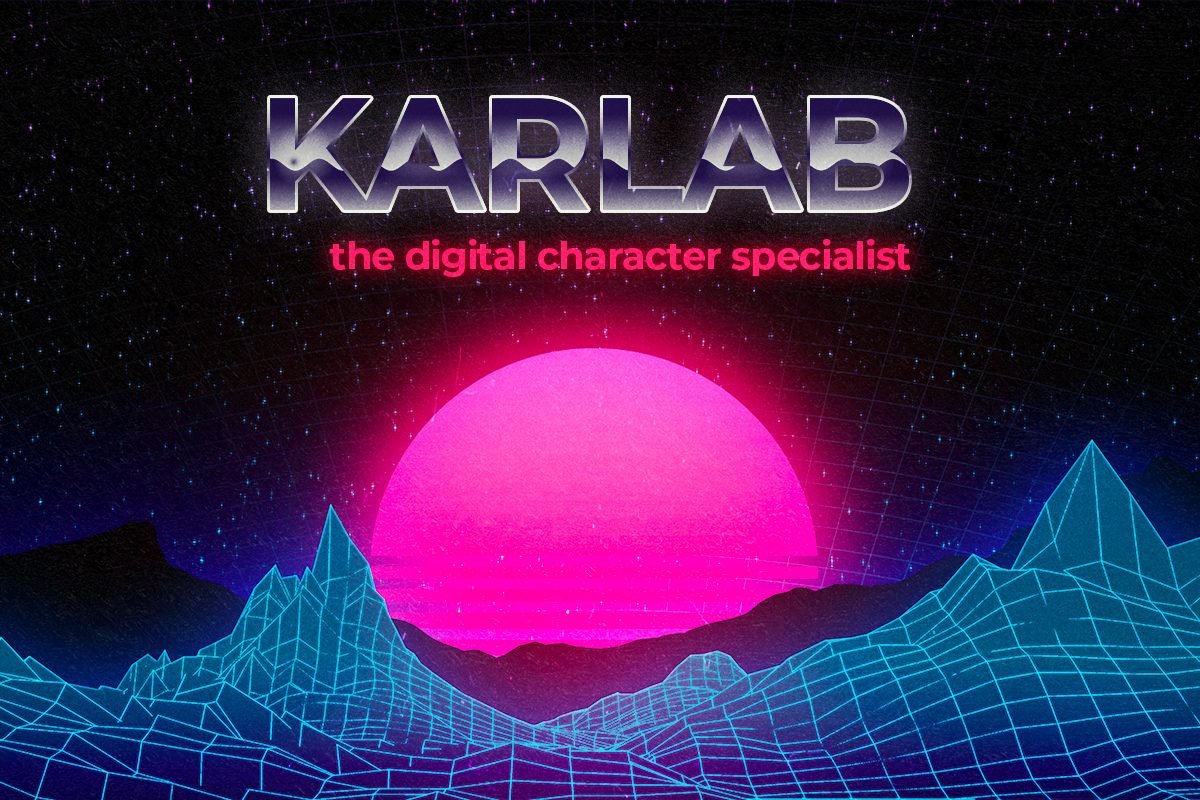 Un soleil pourpre se leve sur un paysage digitalisé. Le Logo Karlab apparait